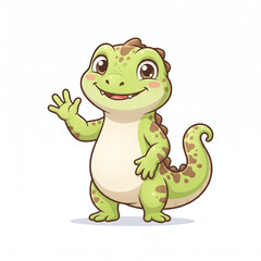 Obraz premium Lizard Character Waving Cheerfully with a Friendly Smile. Cartoon Reptile Mascot Design for Children's Illustration or Branding.