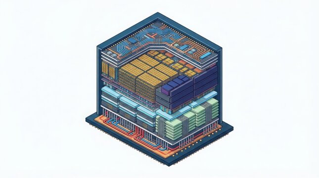 An Isometric View of a Complex Multilayered Computer Microprocessor Chip Logic Architecture