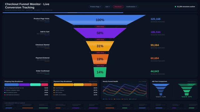 Monitor your checkout funnel with a comprehensive dashboard showcasing live conversion tracking, shipping, payment, and confirmation drop-off metrics in a sleek modern design.