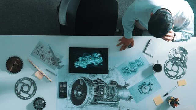 Top down aerial view of engineer hold tablet while learning about engine. Aerial view of skilled project manager looking at tablet while walking at table and checking at turbine engine. Alimentation.