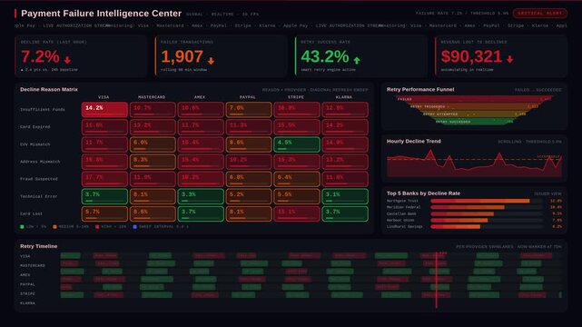 Payment Failure Dashboard showcasing critical metrics for eCommerce, tracking declines, retries, and lost revenue with vibrant visuals and alert indicators in a dark theme.