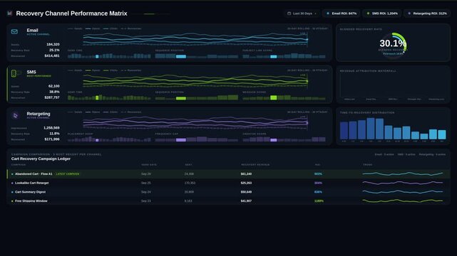 Experience a luxurious high-value cart monitoring dashboard with real-time abandonment alerts, featuring sleek design and dynamic data visualization for optimal business intelligence.