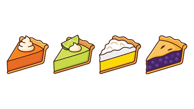 Delicious colorful pie slices vector illustration featuring pumpkin key lime lemon meringue and blueberry flavors