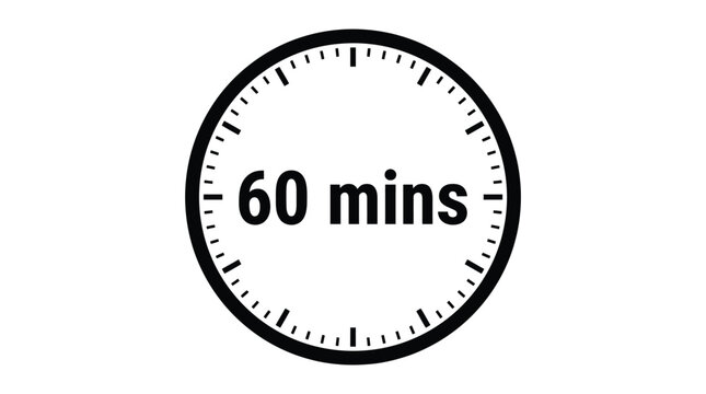 Sixty minutes vector clock illustration displaying elapsed time for countdown and schedule management tasks