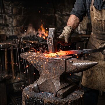 Blacksmith hitting hot glowing metal with a heavy hammer on an anvil