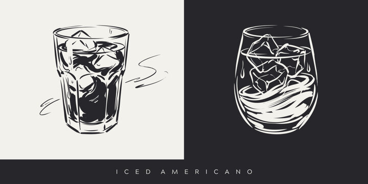 Hand drawn iced americano coffee glasses with ice cubes set in black and white sketch style