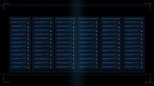 Server racks in a dark data center corridor with blinking lights, seamless loop