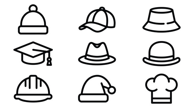 Various hats and caps vector graphic illustration icons featuring diverse styles and silhouettes for web design