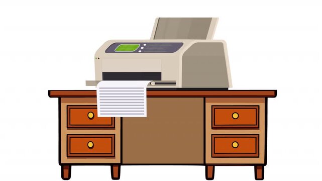An office printer on a wooden table. Printer printing animation, alpha channel. Cartoon