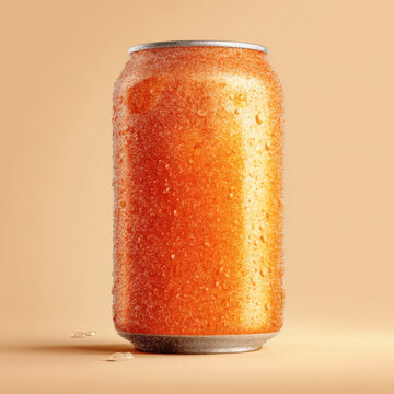 Chilled orange beverage can with condensation droplets on a neutral beige background