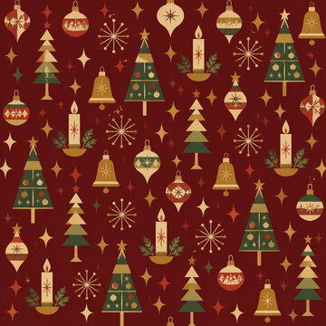 Seamless retro mid-century Christmas pattern with atomic starbursts, geometric trees and bells in burgundy mustard and teal