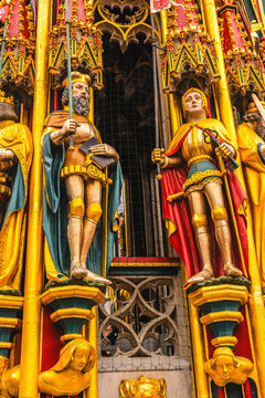 King Knight Statues Schoener Brunnen Fountain Hauptmarkt Square Nuremberg Germany