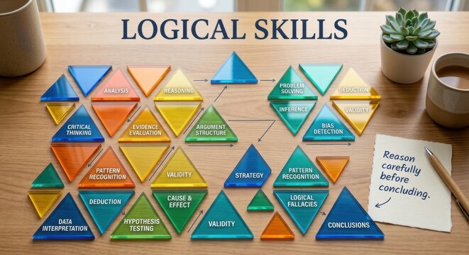 Organized Layout of Colorful Acrylic Triangles Illustrating Logical Skills and Cognitive Processes
