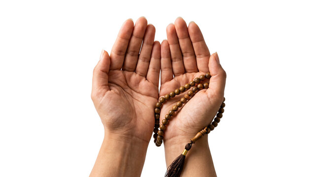Muslim praying hands holding wooden misbaha rosary beads, cupped hands for du'a prayer and spiritual worship, Islamic faith and devotion concept isolated PNG with Transparent Background