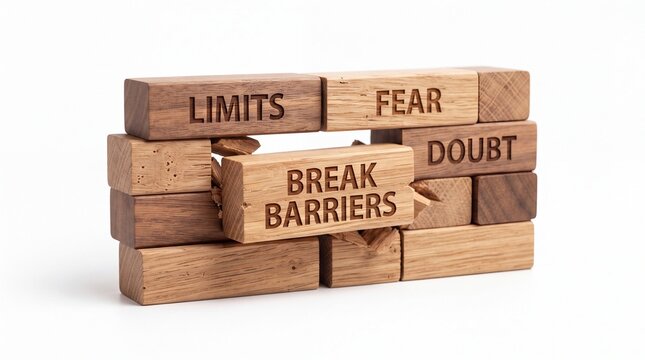 Wooden block wall with engraved words breaking barriers and limits