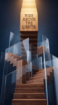 Wooden stairs with glass railing and rise above the limits text