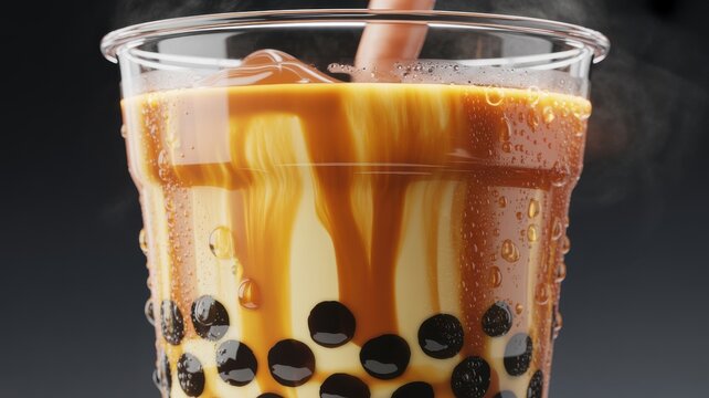 Fresh cold milk tea with brown sugar syrup and chewy tapioca pearls in a plastic cup