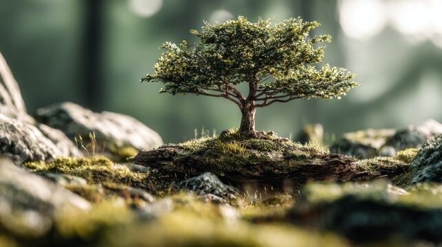 Majestic miniature tree on mossy terrain, conveying natural beauty and resilience