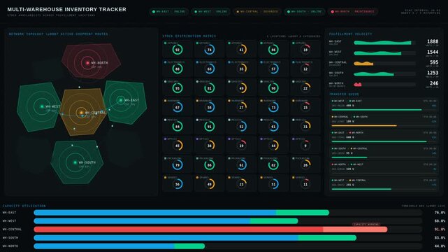 Dynamic multi-warehouse inventory dashboard visualizing stock availability with animated maps, status indicators, and fulfillment statistics in a sleek design.