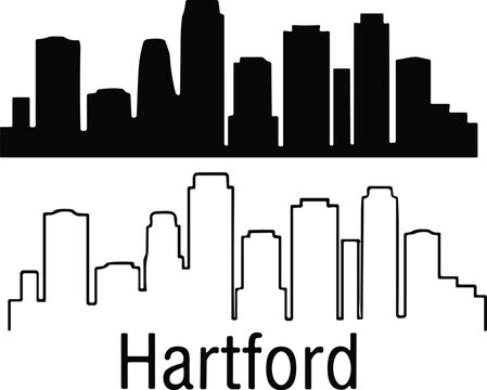 Hartford Connecticut City Skyline Silhouette and Outline Vector Illustration on White Background