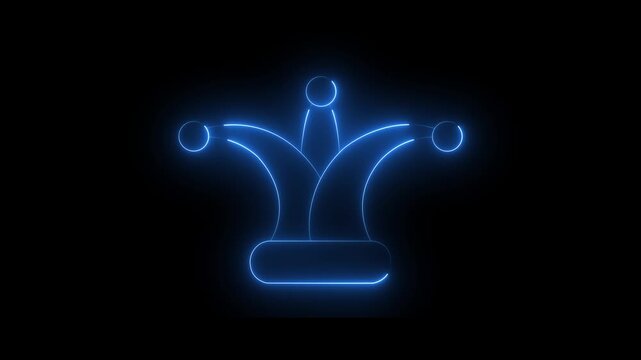 Neon glowing blue color Jester joker Hat Icon Animation on Black Background. Neon Clown Hat with Bells. Casino gambling. Colorful Circus Festival, Masks and Party Elements. 