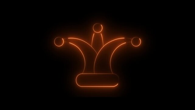 Neon glowing orange color Jester joker Hat Icon Animation on Black Background. Neon Clown Hat with Bells. Casino gambling. Colorful Circus Festival, Masks and Party Elements. 
