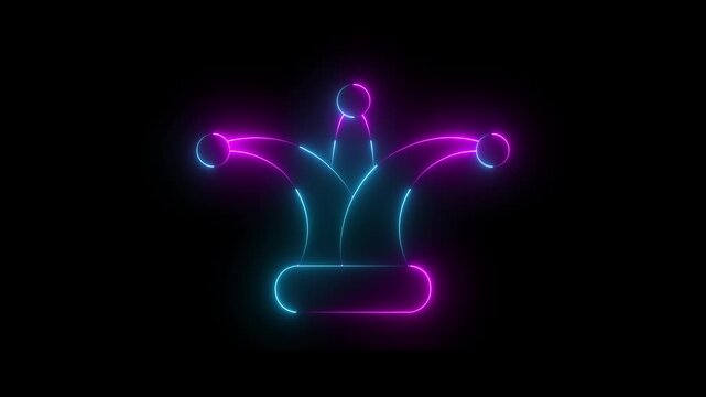 Neon glowing blue and pink color Jester joker Hat Icon Animation on Black Background. Neon Clown Hat with Bells. Casino gambling. Colorful Circus Festival, Masks and Party Elements. 