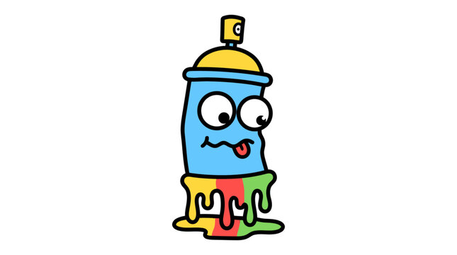 Funny Cartoon Spray Paint Can Character with Dripping Colorful Paint Isolated on White Background