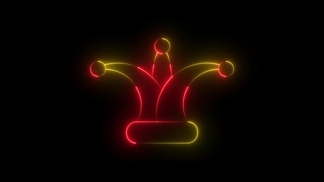 Neon glowing red and yellow color Jester joker Hat Icon Animation on Black Background. Neon Clown Hat with Bells. Casino gambling. Colorful Circus Festival, Masks and Party Elements. 