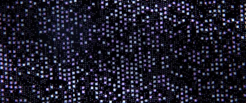 Glowing squares shimmer and shift across a dark abstract digital grid pattern