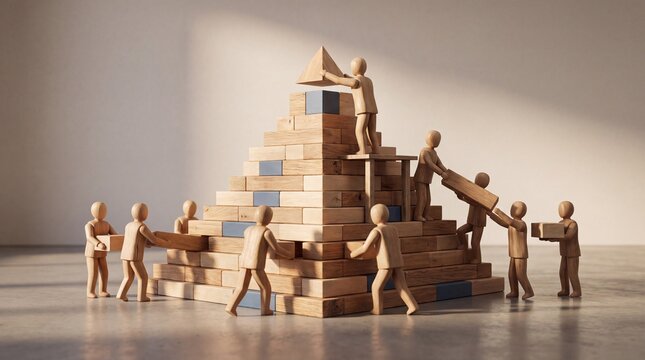 Wooden figures building pyramid blocks business teamwork