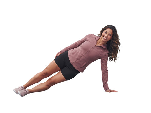 Hispanic woman performing a side plank exercise in sportswear