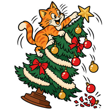Mischievous Orange Cat Climbing a Falling Christmas Tree