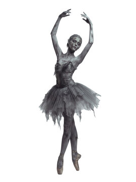 Elegant female ballerina zombie posing in tattered tutu dress