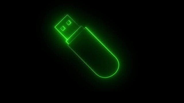 Glowing neon green color USB pen drive icon isolated on black background. USB Drive icon animation.