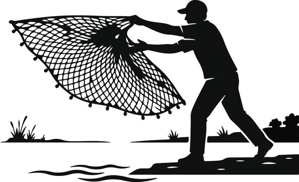 Fisherman throws a large cast net into shallow water along a grassy shore in a black and white graphic illustration.