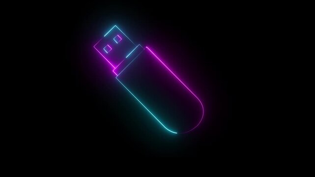 Glowing neon pink and blue color USB pen drive icon isolated on black background. USB Drive icon animation.