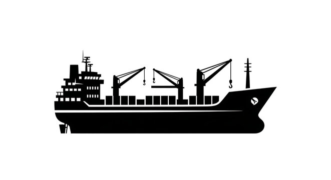 Black silhouette of a cargo ship with cranes on a transparent