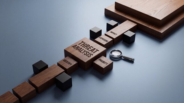 Threat analysis wooden blocks concept with magnifying glass