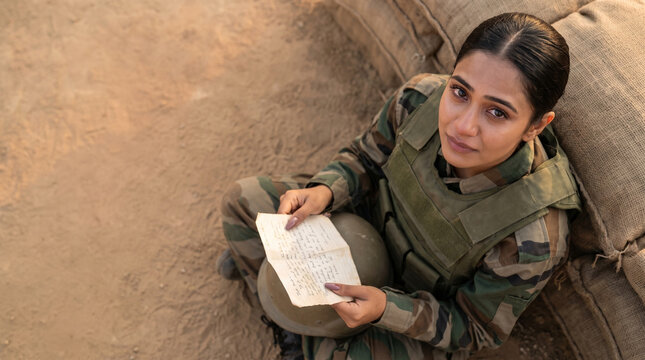 Female soldier sitting by sandbags holding handwritten letter