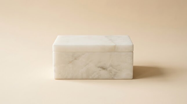An elegant alabaster box made of natural stone sitting isolated on a soft beige background with clean minimal style