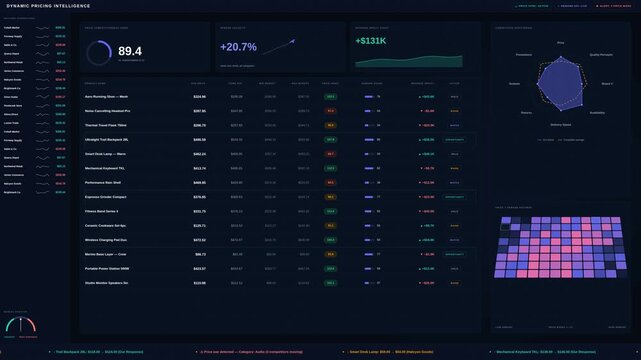 Explore a dynamic pricing intelligence dashboard featuring competitor price monitoring, demand insights, and revenue impact analysis in an ultra-premium dark mode design.
