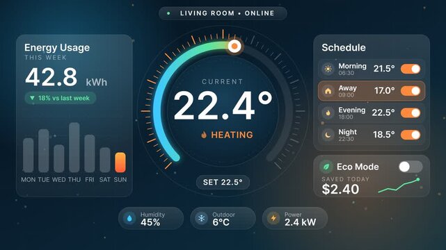 Smart home interface displaying energy usage and temperature control with eco mode activation on dark background, motion graphics