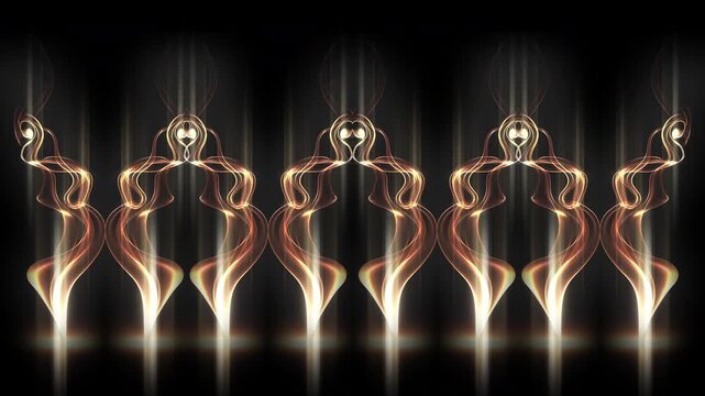 Symmetrical pattern of dancing candle flames on black background, ornamental seamless VJ loop for concert stage