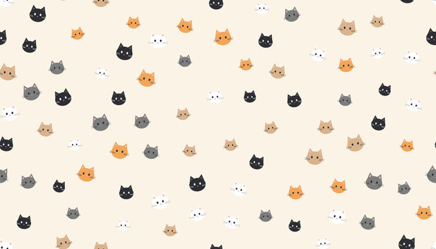 Seamless cute cat face pattern with black white orange and gray cats on cream