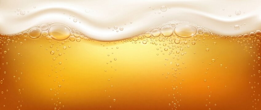 Golden beer liquid background with rising carbonation bubbles and thick foam head, refreshing alcoholic beverage macro texture for pub advertising banner and brewery festival menu design.