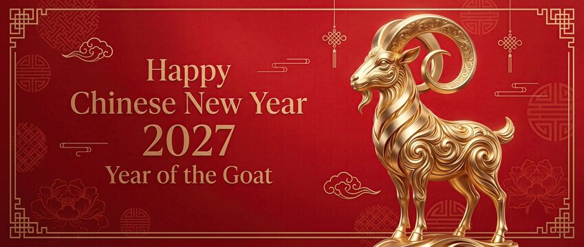Golden goat figurine on red background with happy chinese new year 2027 year of the goat text, festive lunar holiday greeting banner for oriental seasonal festival celebration.