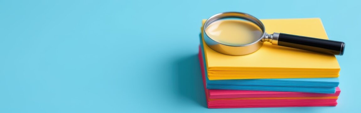 Stack of colorful books with a magnifying glass on top against a blue background.