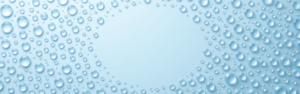 Close-up image of water droplets on a smooth, light blue surface with a clear center spot.