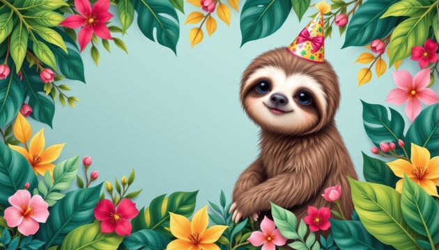 Cute sloth wearing a party hat framed by colorful tropical flowers and leaves.